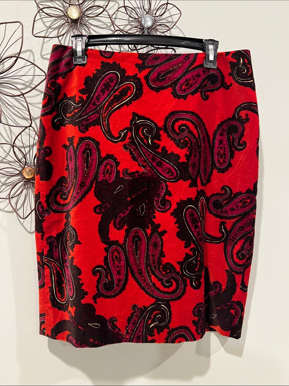 Talbots Red and Black Paisley Velvet Pencil Skirt